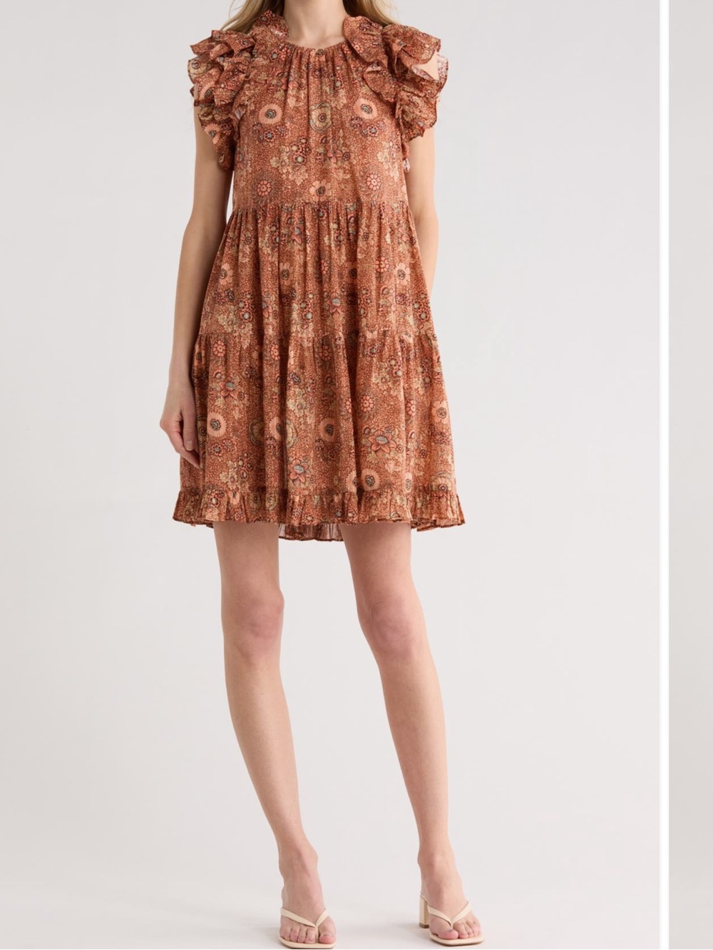 Ulla Johnson Rosebud Rust Floral Ruffle Tiered Mini Dress. Size 4.